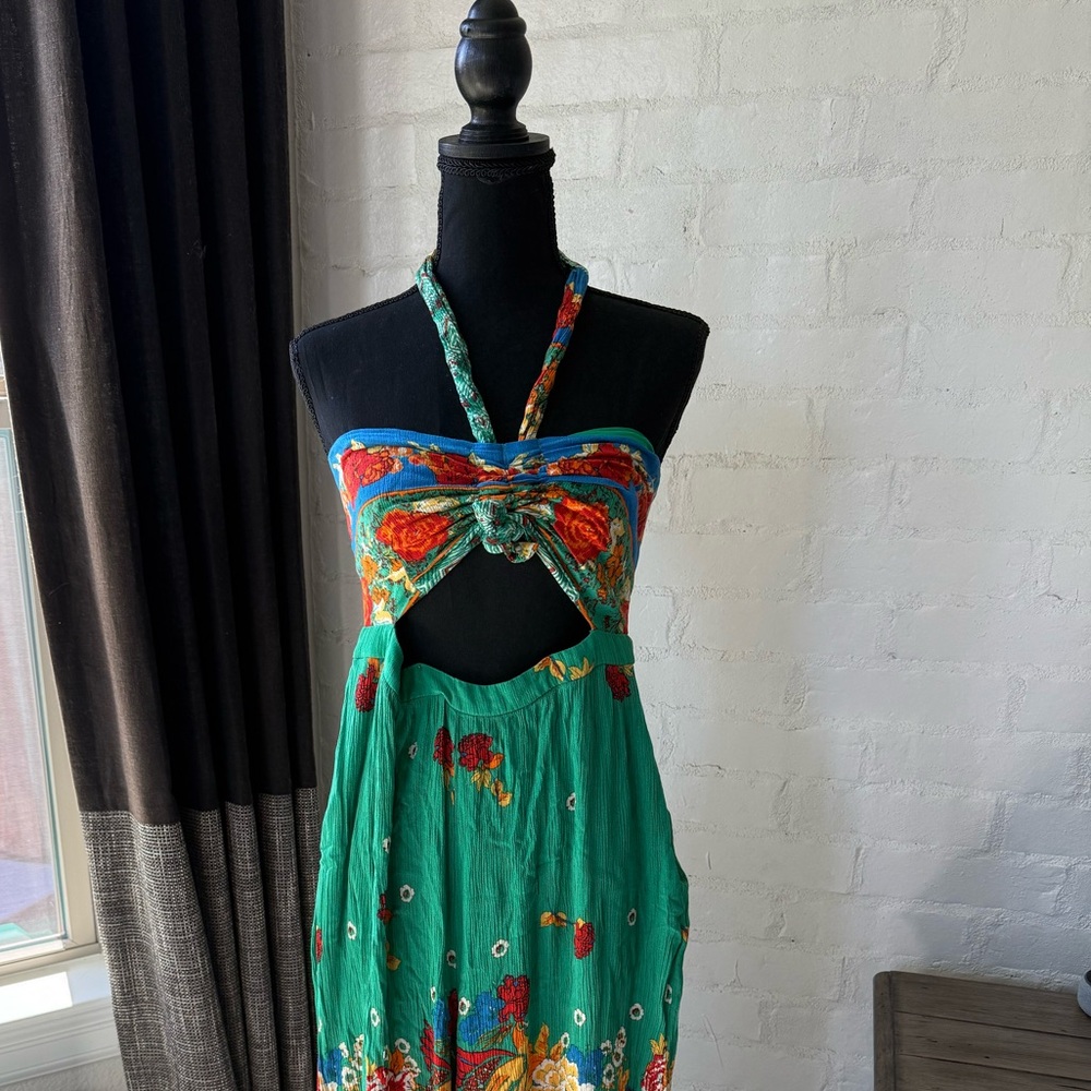Green Floral Cutout Halter Jumpsuit